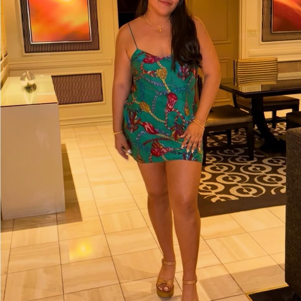Vibrant Green Slip Dress with Red and Gold Accents